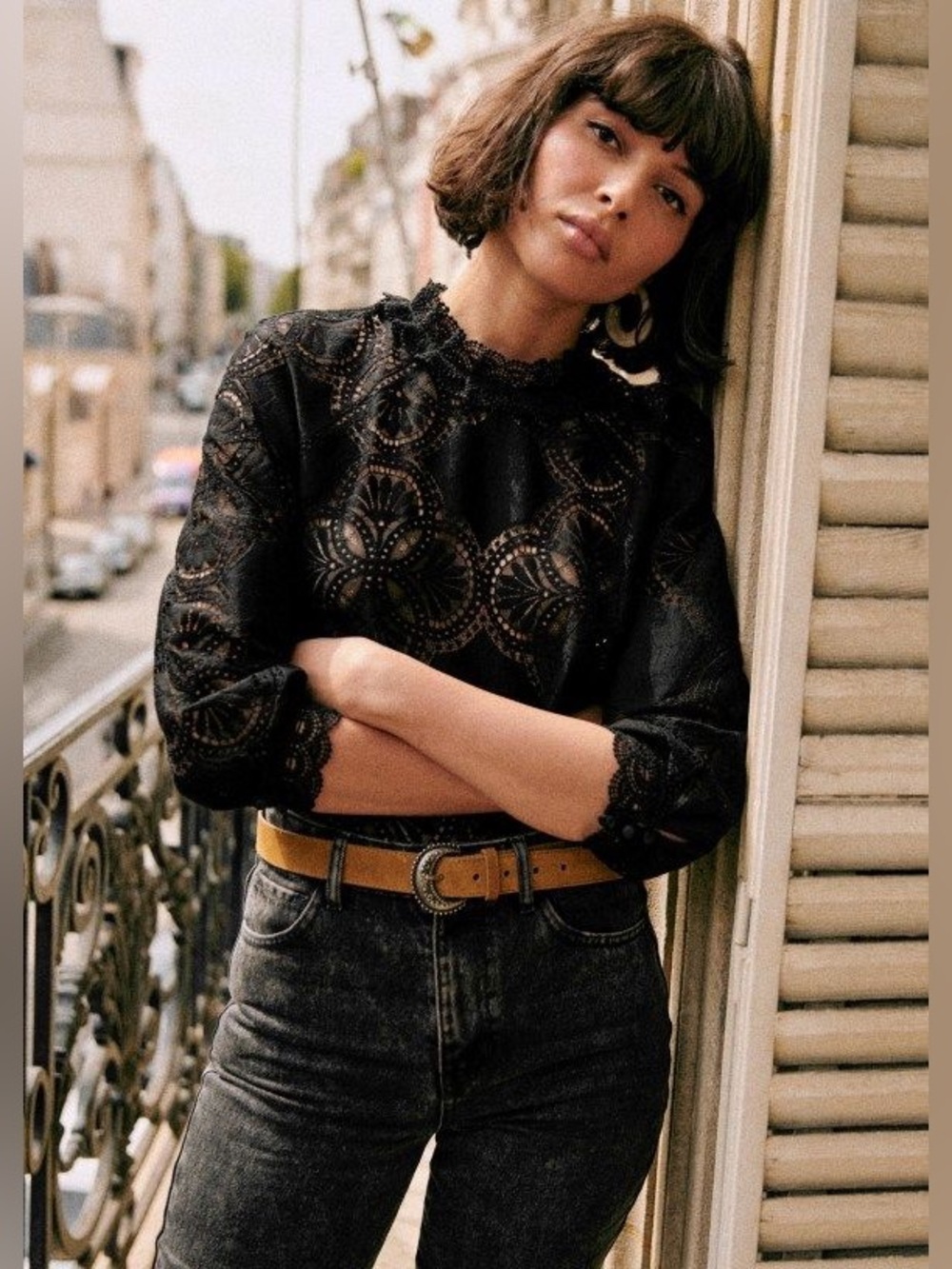 Sezane Bianca High Neck Scalloped Eyelet Lace Blouse Top Black Size XS (34)
